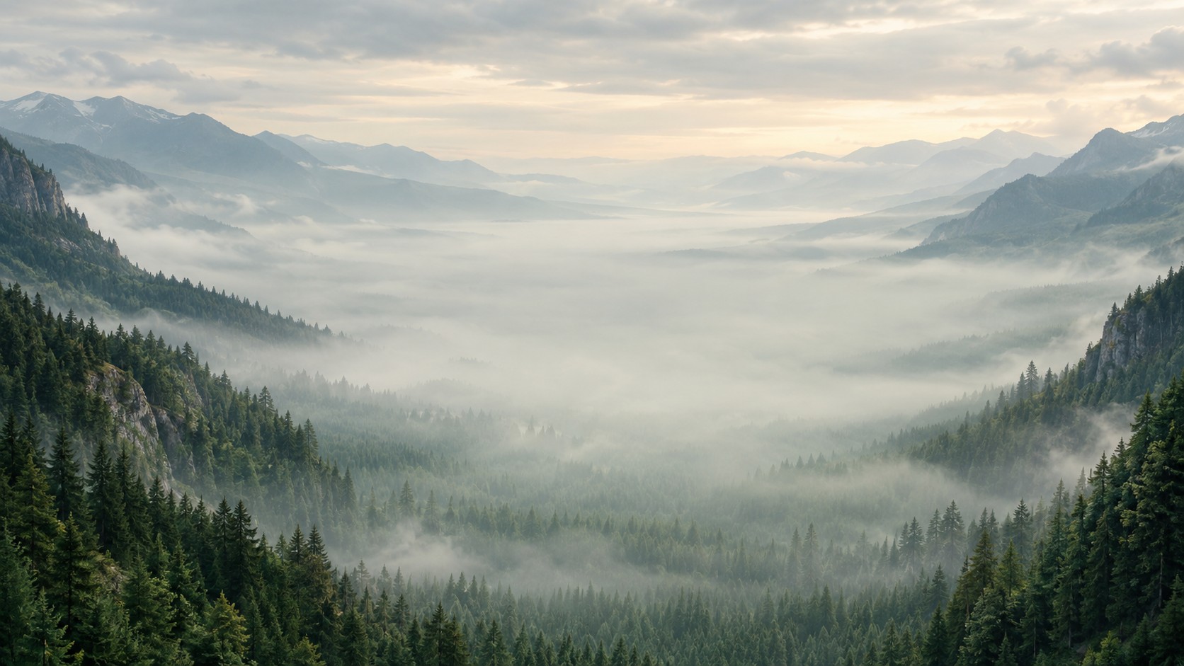 Morning mist settles into a lush forested valley, framed by deep green trees