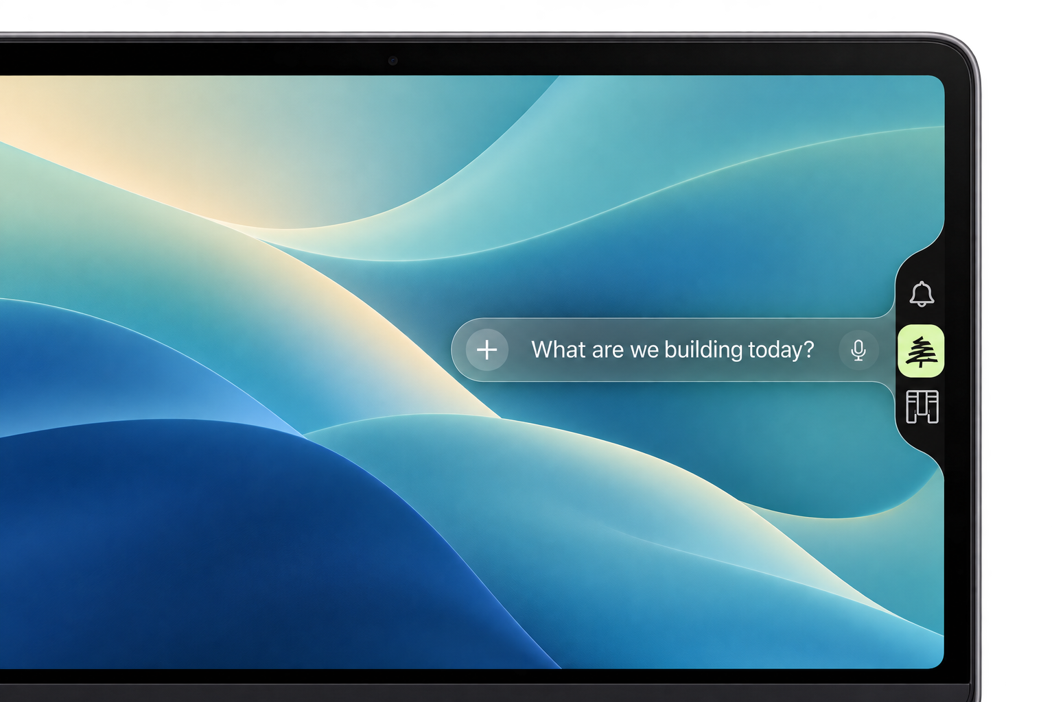 Illustrative CedarLabs MacBook app with a notification bell, CedarLabs logo and Kanban side dock, plus a request input with a microphone option.
